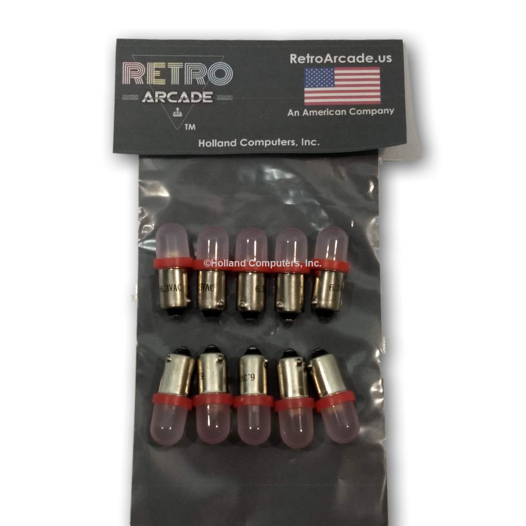 10 Pack Red Frosted Pinball 6.3 Volt AC LED Round Replacement Bulbs 44/47 Bayonet Base BA9S