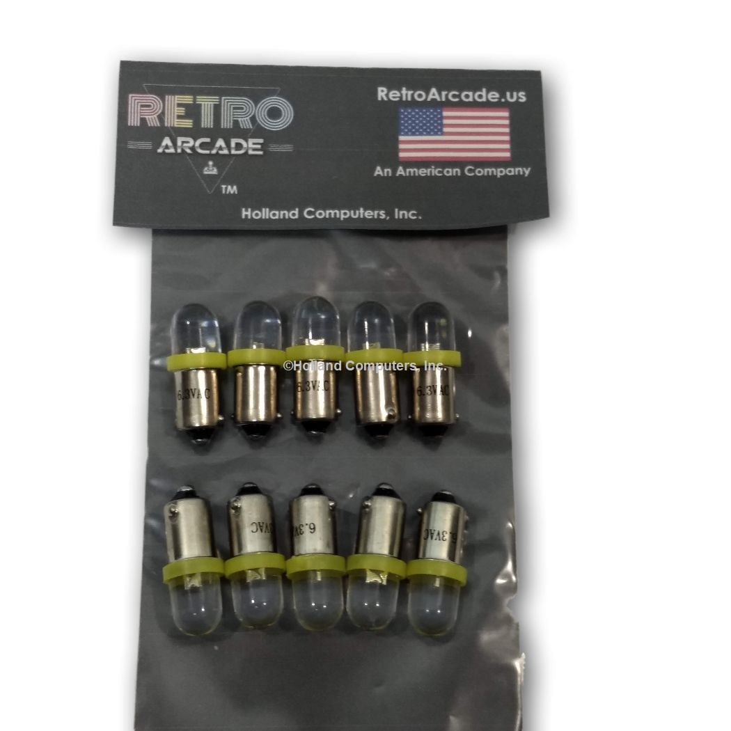 10 Pack Yellow Pinball 6.3 Volt AC LED Round Replacement Bulbs 44/47 Bayonet Base BA9S