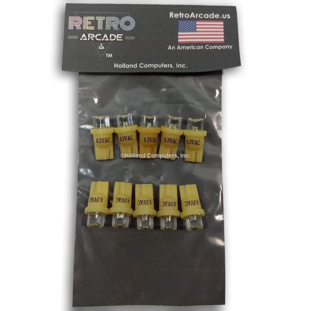 10 Pack Pinball replacement bulb LED 6.3 volt AC, 555 clear wedge base T10 Yellow Concave