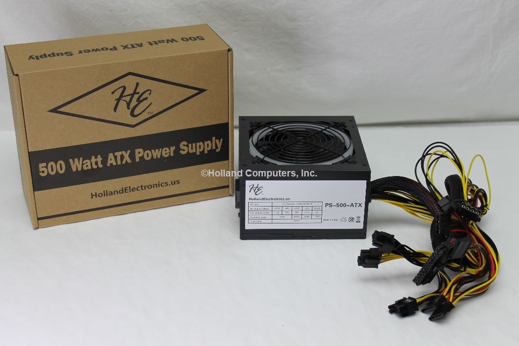 Holland ATX Power Supply Unit - PS500R1 - 500W - 120mm Ball Bearing Fan - Black with Color