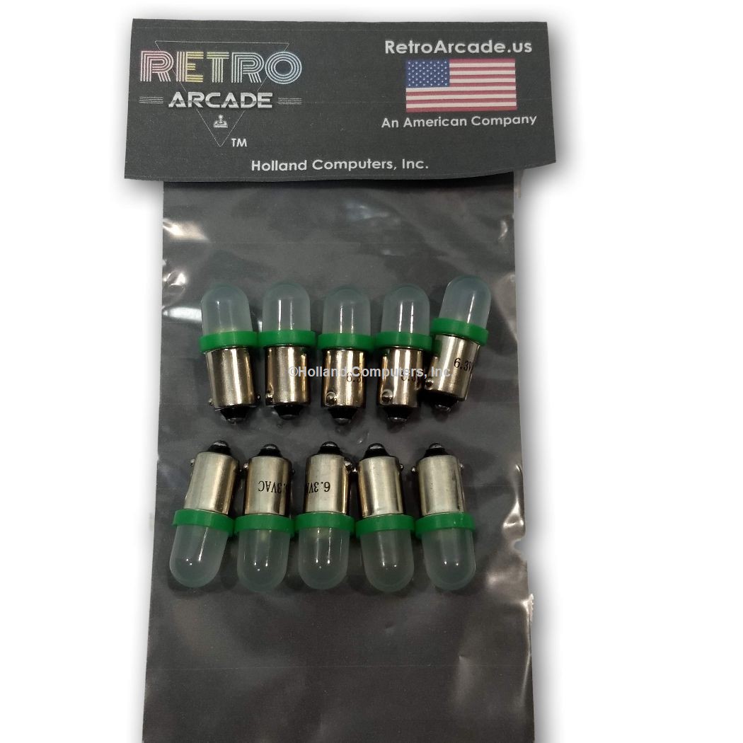 10 Pack Green Frosted Pinball 6.3 Volt AC LED Round Replacement Bulbs 44/47 Bayonet Base BA9S