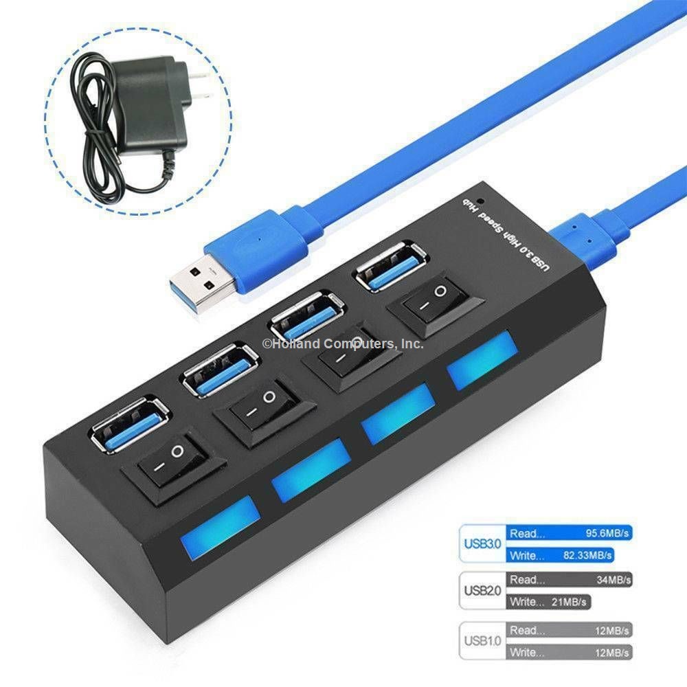 4 Port USB Hub 3.0 Powered High Speed Data Sync Splitter Adapter PC Mac Laptop