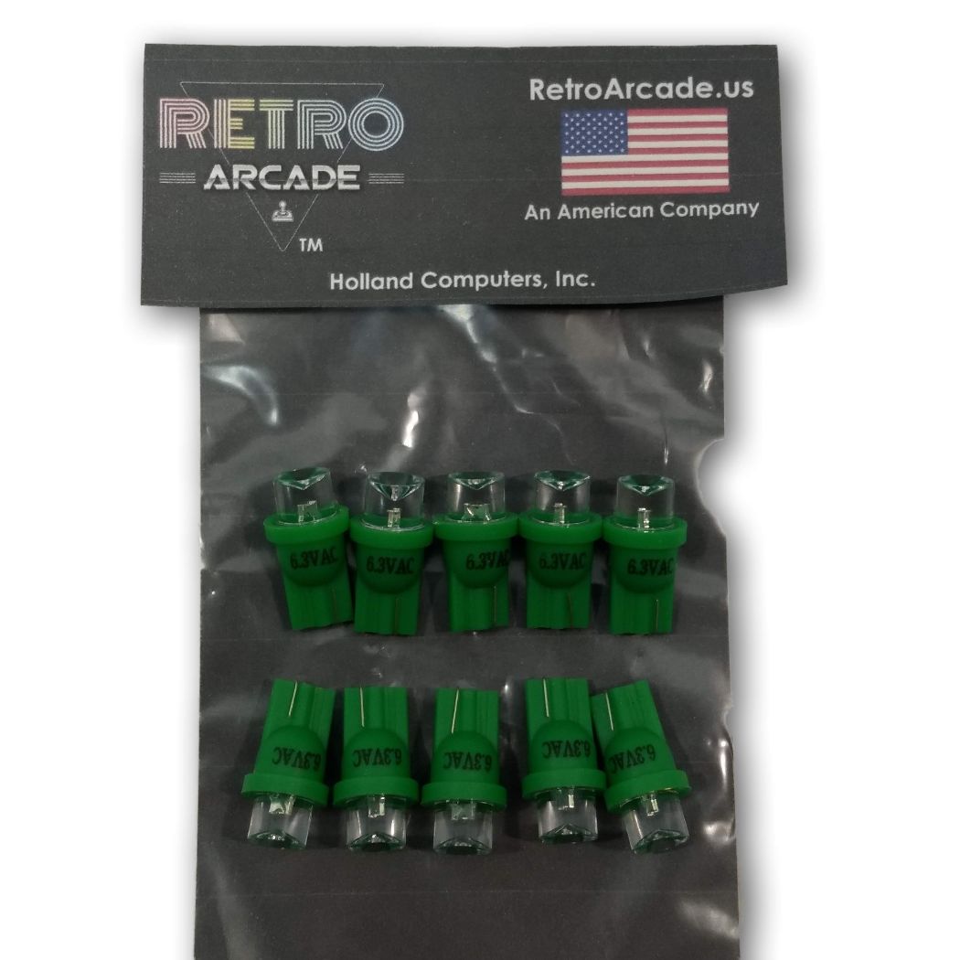 10 Pack Pinball replacement bulb LED 6.3 volt AC, 555 clear wedge base T10 Green Concave