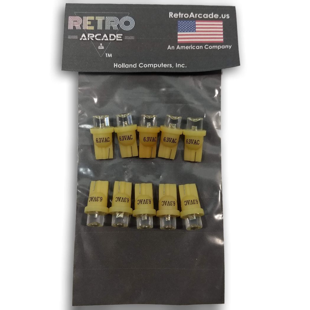 10 Pack Pinball replacement bulb LED 6.3 volt AC, 555 clear wedge base T10 Yellow Concave