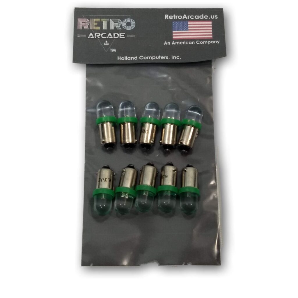 10 Pack Green Pinball 6.3 Volt AC LED Round Replacement Bulbs 44/47 ...